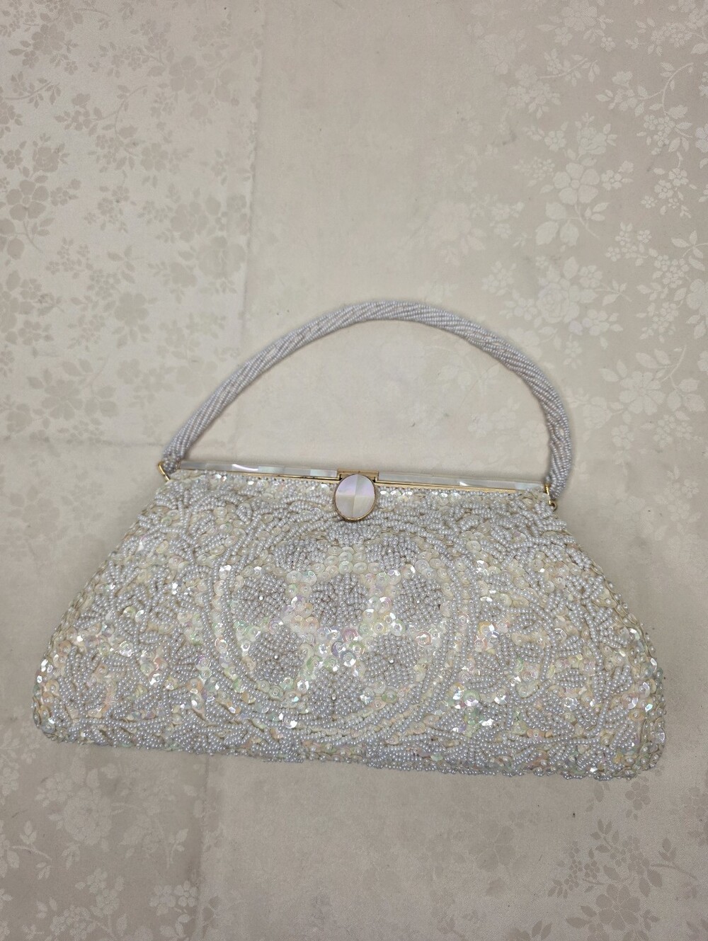 Vintage Beaded Sequined Evening Bag Mother of Pearl Clasp Hand Made Hong Kong